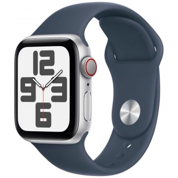   Apple Watch SE GPS + cellás 40 mm-es ezüst alumínium tok Storm Blue sportpánttal - S/M