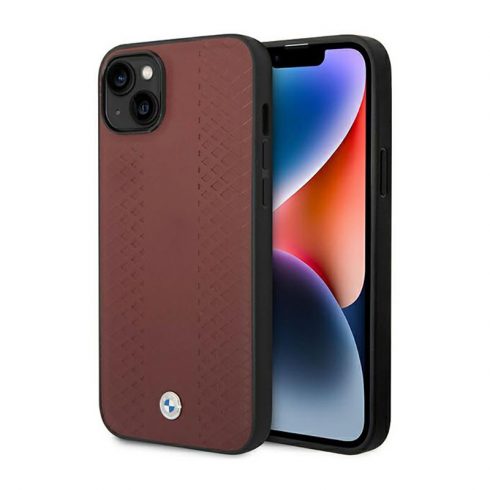 BMW bőr gyémánt mintás tok iPhone 14 (burgundi) telefonhoz