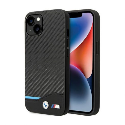 BMW bőr Carbon Blue Line tok iPhone 13-hoz (fekete)