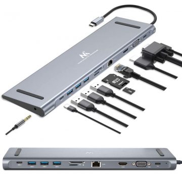   HUB adapter Maclean USB dokkoló állomás, Type-C - HDMI / USB 3.0 / USB-C / VGA/ RJ-45, alumínium ház, MCTV-850