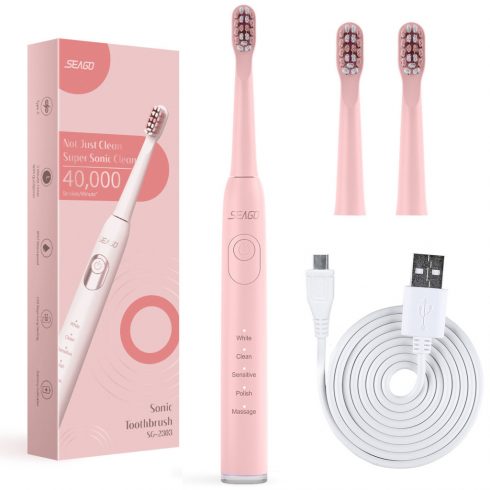 SEAGO sonic fogkefe, rózsaszín, 700 mAh akkumulátor, 5 üzemmód, 3 hegy, SG-2303 Pink