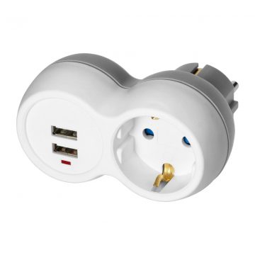 2P+Z elosztó (Schuko) 2xUSB töltővel, fehér és szürke