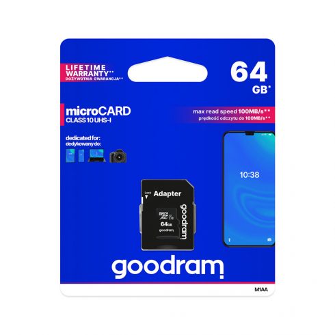 64 GB-os UHS-I Goodram microSD memóriakártya adapterrel