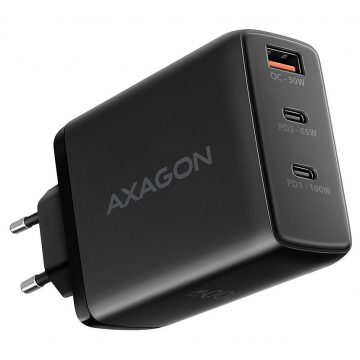   AXAGON csatlakozó / ACU-DPQ100 / 2x USB-C / 1x USB-A / PD3.0/QC4+/PPS/SFC2.0/AFC/SCP/FCP/ Apple / 100W / černá