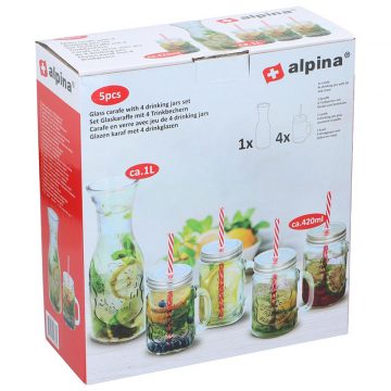   Alpina - Üveg italos üveg készlet szívószállal 4 db kancsóval 1 l